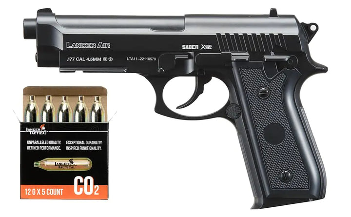 Lancer Tactical Air Pistol Saber Beretta X92 Full Steel CO2 Airgun Pistol w/High Pressure 12 Gram & Bag of Metal BBS (480 FPS)